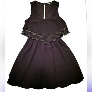 Vintage Y2K Black Sleeveless Scalloped Edge Tiered Mini Dress w/ Beading Small